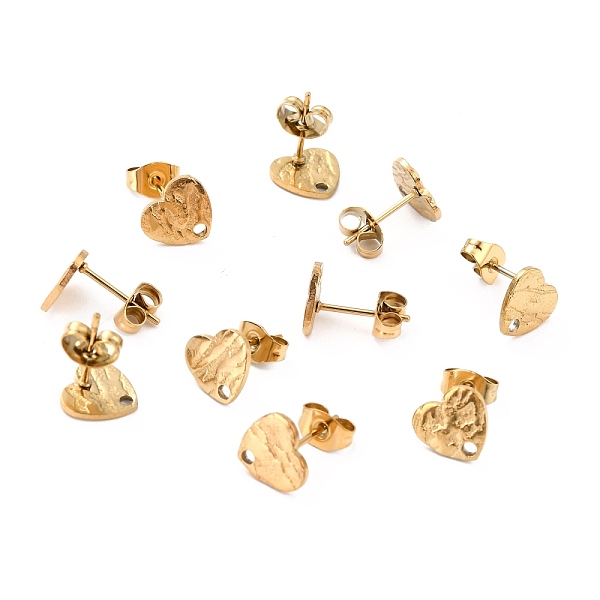 

PandaHall Ion Plating(IP) 304 Stainless Steel Stud Earring Findings, with Ear Nuts, Textured Heart, Real 18K Gold Plated, 12x9mm, Hole...