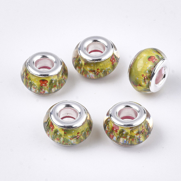

PandaHall Resin European Beads, Large Hole Beads, with Platinum Tone Brass Double Cores, Christmas Theme, Rondelle, Yellow Green, 13x8mm...