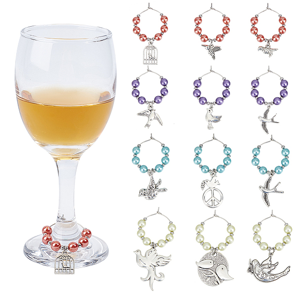 

PandaHall 24 Pcs Tibetan Style Wine Glass Charms, Alloy Bird Wine Charms Glass Pearl Wine Glass Markers for Wine Cocktail Champagne Tasting..., Multicolor