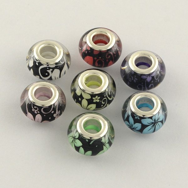 

PandaHall Large Hole Flower Pattern Resin European Beads, with Silver Color Plated Brass Double Cores, Rondelle, Mixed Color, 14x9mm, Hole..., Multicolor