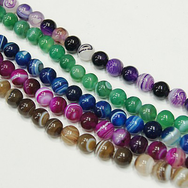 

PandaHall Natural Striped Agate/Banded Agate Strands, Dyed, Round, Mixed Color, 12mm in diameter, Hole: 1mm Banded Agate Round Multicolor