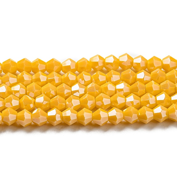 

PandaHall Opaque Solid Color Electroplate Glass Beads Strands, Pearl Luster Plated, Faceted, Bicone, Gold, 4x4mm, Hole: 0.8mm, about...