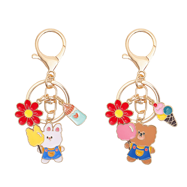 

PandaHall Globleland 2Pcs 2 Style Cute Cotton Candy Theme Bear/Rabbit Alloy Enamel Pendant Keychain with Ice Cream and Flower Charm, for..., Multicolor