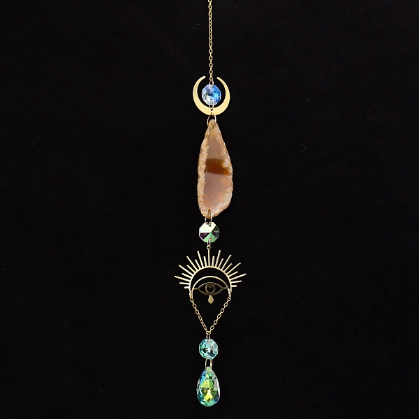 

PandaHall Natural Red Agate Piece & Metal Evil Eye Moon Hanging Ornaments, Glass Teardrop Tassel Suncatchers for Home Garden Outdoor...