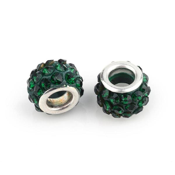 

PandaHall Polymer Clay Rhinestone European Beads, Large Hole Beads, Rondelle, with Silver Color Plated Brass Cores, Emerald, 10~12x7~8mm..., Green