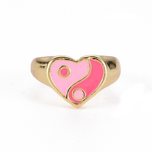 

PandaHall Alloy Enamel Wide Band Rings, Cadmium Free & Lead Free, Light Gold, Heart with YinYang, Hot Pink, US Size 6 3/4(17.1mm) Alloy
