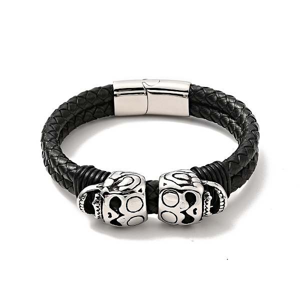 

PandaHall 304 Stainless Steel Skull Beaded Double Loops Multi-strand Bracelet with Magnetic Clasp, Gothic Bracelet with Leather Cord for Men..., Black