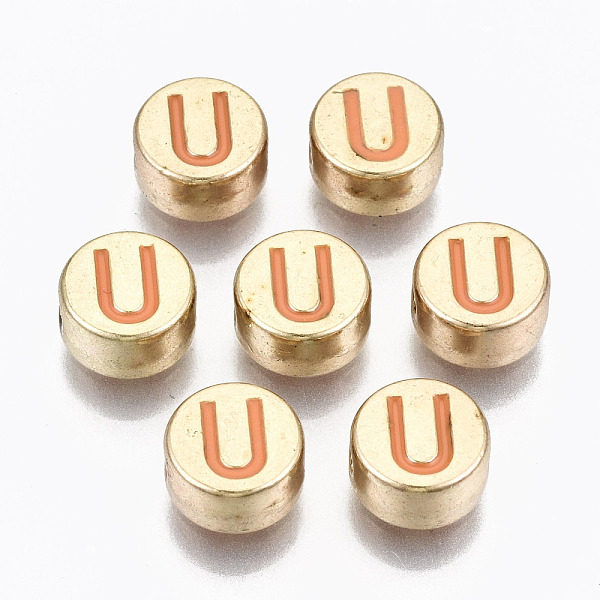 

PandaHall Alloy Enamel Beads, Cadmium Free & Lead Free, Flat Round with Initial Letters, Light Gold, Orange, Letter.U, 8x4mm, Hole: 1.5mm...
