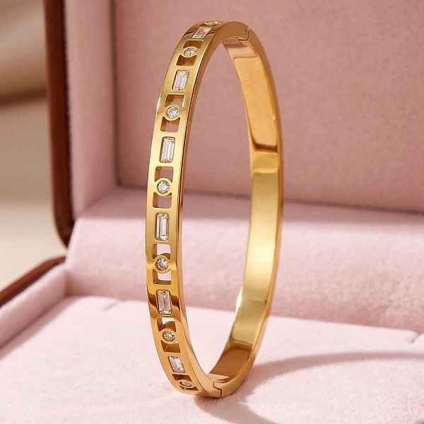 Bracciale rigido a polsino con cerniera da donna in acciaio inossidabile 304 con zirconi cubici trasparenti pavé