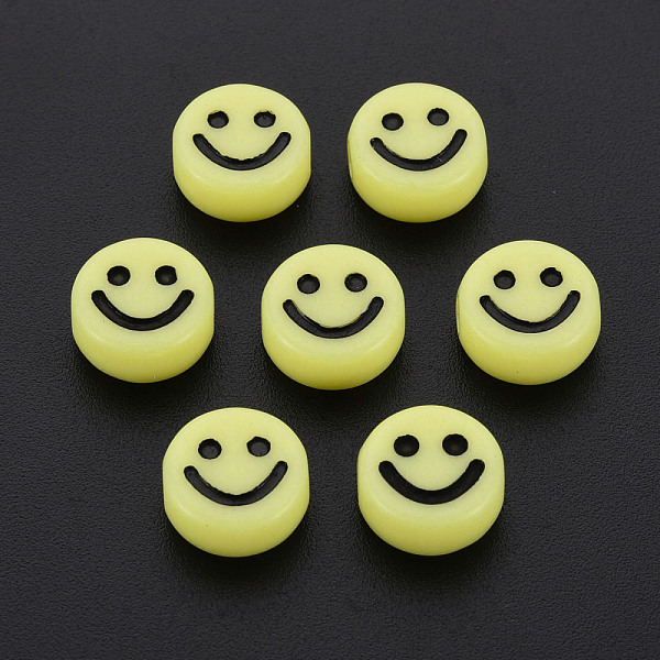 

PandaHall Opaque Acrylic Beads, with Enamel, Flat Round with Smile Face, Yellow, 10x5mm, Hole: 2mm Acrylic Flat Round Yellow