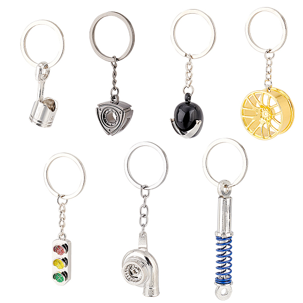 

PandaHall OLYCRAFT 7 Pcs Auto Parts Metal Key Chains Auto Part Model Keychain Set Helmet Keychains Traffic Light Keychains Car Wheels Hub...