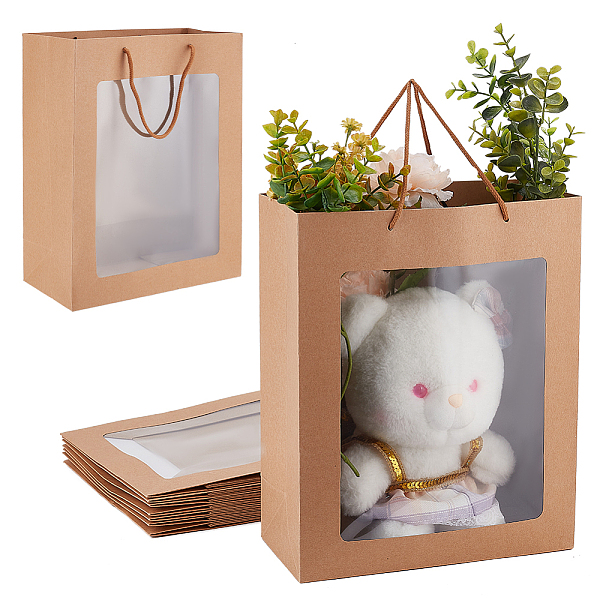 PandaHall Kraft Paper Gift Bags, with Plastic Visible Window and Polyester Handles, BurlyWood, Unfold: 32x26x12.2cm Paper None Orange
