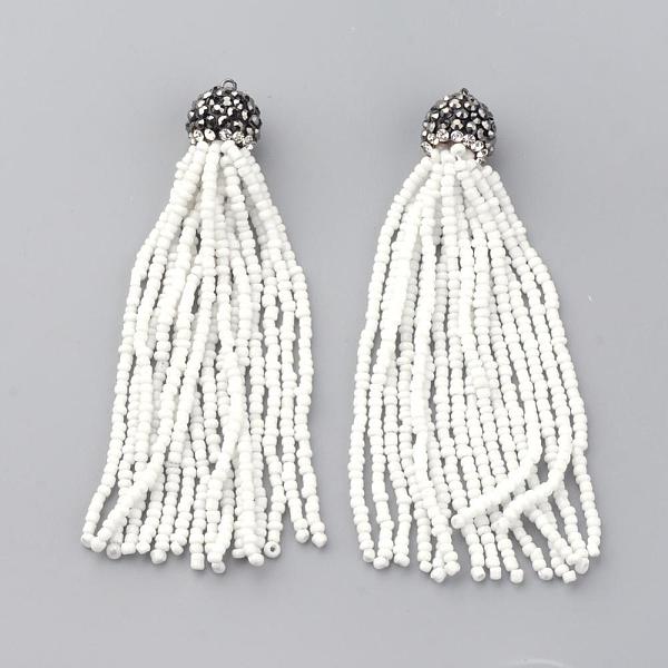 

PandaHall Glass Seed Beads Tassel Big Pendant Decorations, with Brass Polymer Clay Rhinestone Findings, White, 85~97x12~13mm, Hole: 2.5mm...