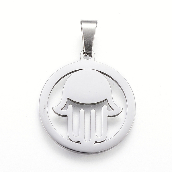 

PandaHall 304 Stainless Steel Pendants with 201 Stainless Steel Clasp, Flat Round with Hamsa Hand, Stainless Steel Color, 25x22x1.2mm, Hole...