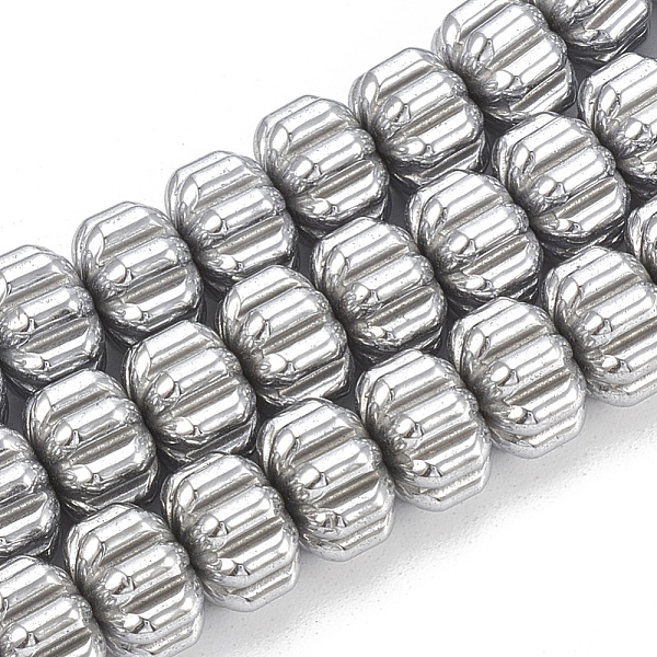 PandaHall Electroplate Non-magnetic Synthetic Hematite Corrugated Beads Strands, Pumpkin, Platinum Plated, 8x6mm, Hole: 1mm, about...