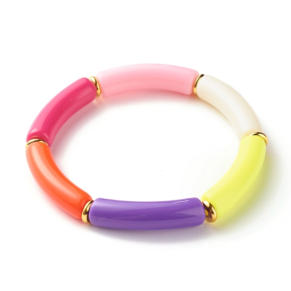 Candy Color Chunky Acrylic Curved Tube Beads Stretch Bracelet For Girl Women