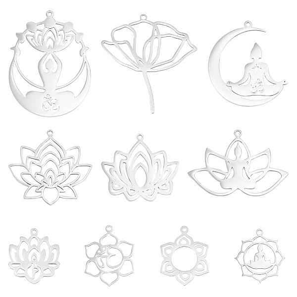 

PandaHall Unicraftale 10Pcs 10 Styles 201 & 304 Stainless Steel Pendants, Laser Cut, Lotus Flower, Stainless Steel Color...