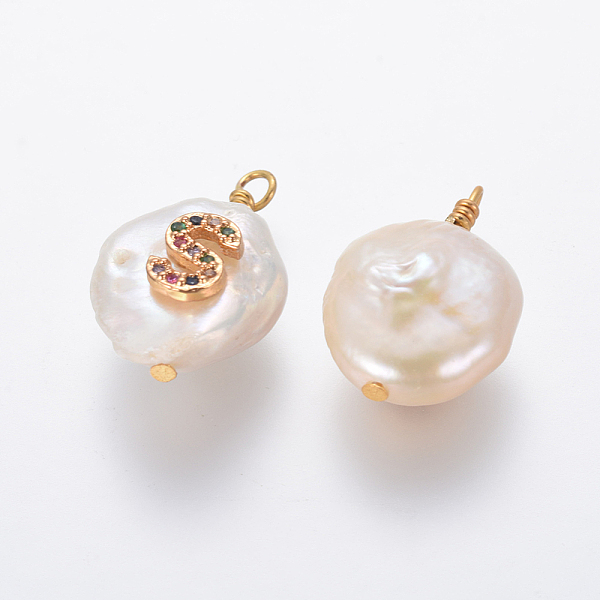 

PandaHall Natural Cultured Freshwater Pearl Pendants, with Brass Micro Pave Cubic Zirconia Findings, Flat Round with Letter, Colorful...