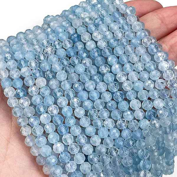 

PandaHall Natural Aquamarine Beads Strands, Faceted, Round, 4mm, Hole: 0.7mm, about 97pcs/strand, 15.75 inch(40cm) Aquamarine Round