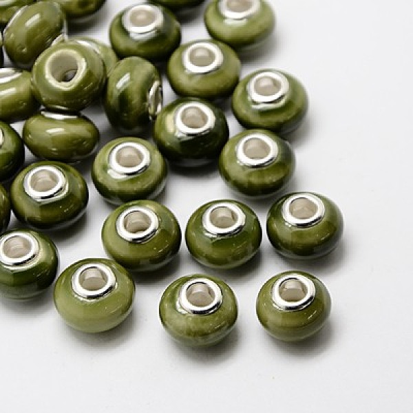 

PandaHall Handmade Porcelain European Beads, with Silver Color Brass Double Cores, Rondelle, Olive Drab, 15x10~11mm, Hole: 5mm..., Green