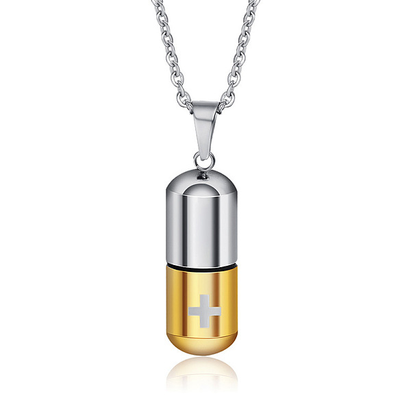

PandaHall Two Tone 316L Stainless Steel Pill with Cross Urn Ashes Pendant Necklace with Cable Chains, Memorial Jewelry for Men Women, Golden...