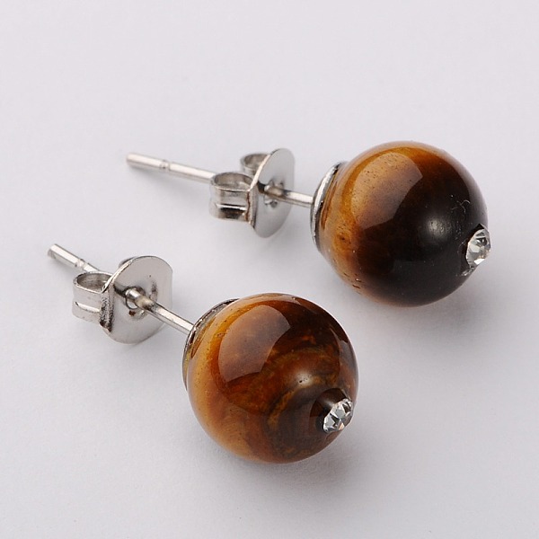 

PandaHall Gemstone Round Bead Ball Stud Earrings, with Glass Rhinestone and Platinum Plated Brass Post Earrings Components, Tiger Eye, 8mm..., Brown
