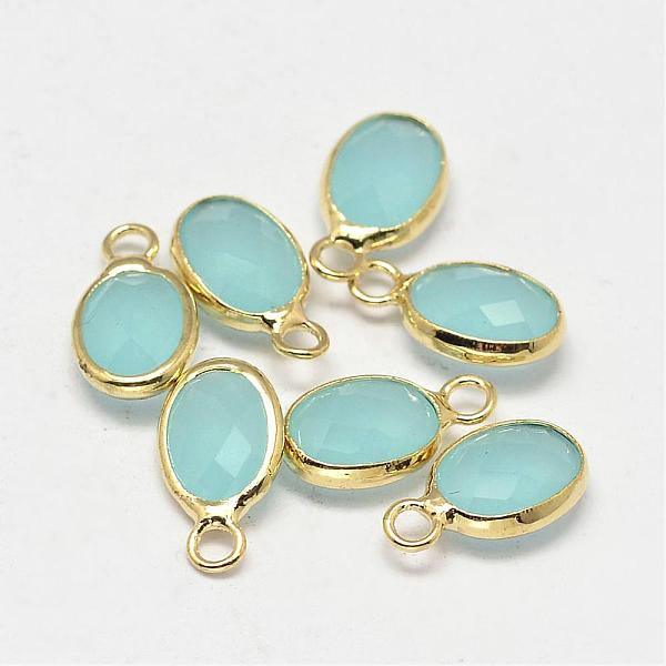 

PandaHall Oval Faceted Golden Tone Brass Glass Charms, Pale Turquoise, 12x7x3.5mm, Hole: 1mm Brass+Glass Oval Cyan