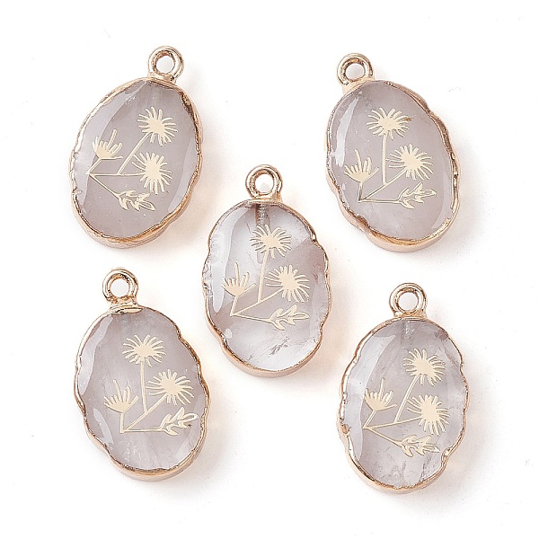 

PandaHall Natural Quartz Crystal Oval Pendants, Golden Plated Brass Rock Crystal Oval Charms with Flower, 22~22.5x13~13.5x4.5mm, Hole...