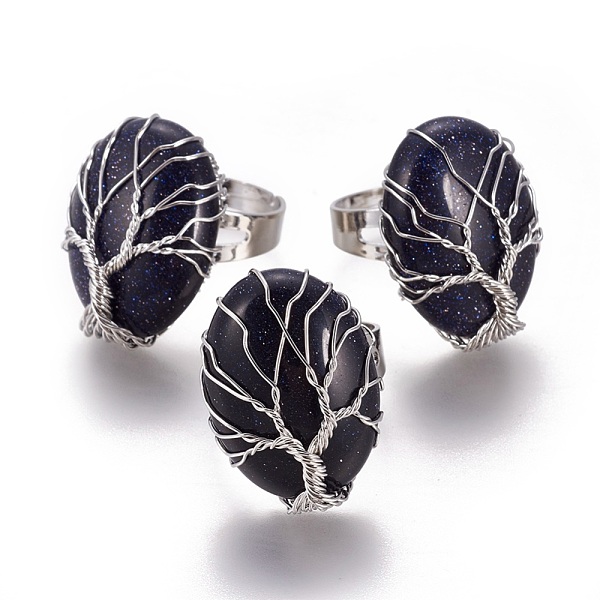 

PandaHall Adjustable Synthetic Blue Goldstone Finger Rings, with Platinum Tone Brass Findings, Oval, Size 8, 18mm Blue Goldstone