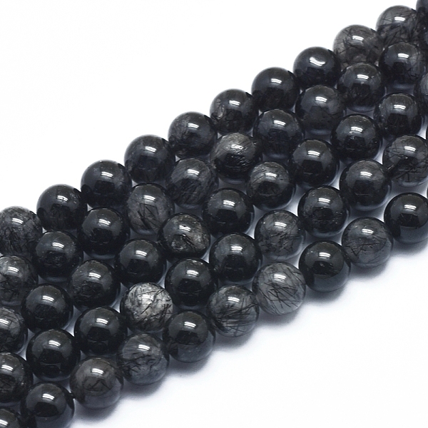 PandaHall Natural Tourmalinated Quartz/Black Rutilated Quartz Beads Strands, Round, 8mm, Hole: 1mm, about 47 pcs/Strand, 15.35 inch(39cm)...