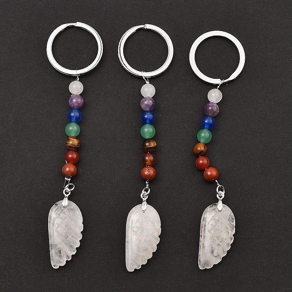 

PandaHall Natural Quartz Crystal Feather Keychain, with Chakra Gemstone Bead and Platinum Tone Rack Plating Brass Findings, 11.4cm Quartz...