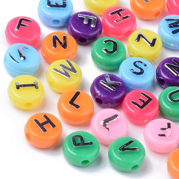 

PandaHall Opaque Mixed Color Acrylic Beads, Silver Metal Enlaced, Flat Round with Black Random Letters, 10x6mm, Hole: 2mm, about 624pcs/200g..., Multicolor
