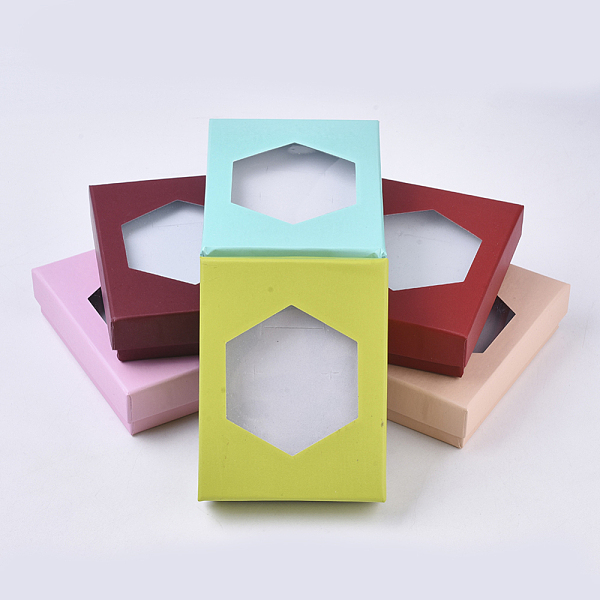 PandaHall Cardboard Jewelry Boxes, for Ring, Necklace, Earring, with Hexagon Shape Clear Window and Sponge Inside, Rectangle, Mixed Color...