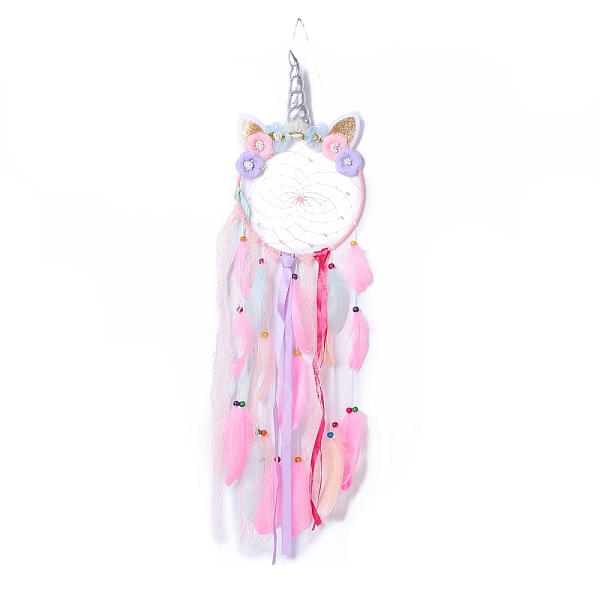 PandaHall Handmade Unicorn Woven Net/Web with Feather Wall Hanging Decoration, with Beads & Ribbon & Flower, for Home Offices Ornament, Pink...