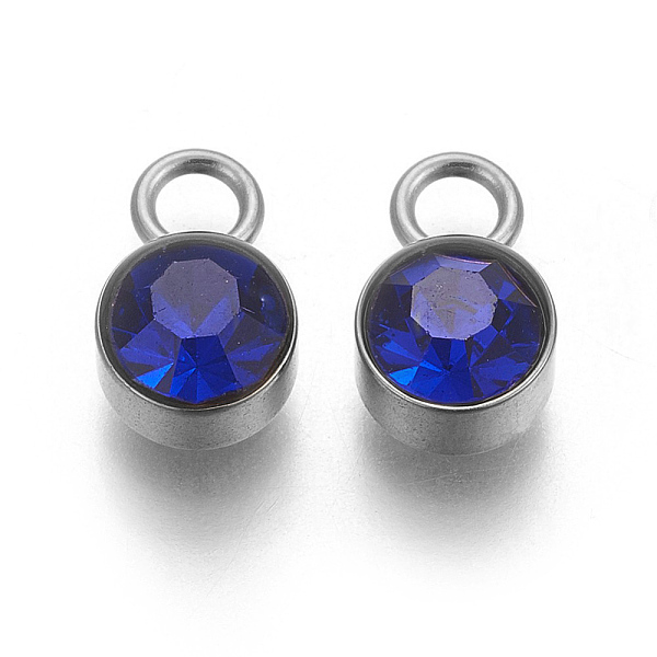

PandaHall Glass Rhinestone Charms, Birthstone Charms, with Stainless Steel Color Tone 201 Stainless Steel Findings, Flat Round, Sapphire..., Blue