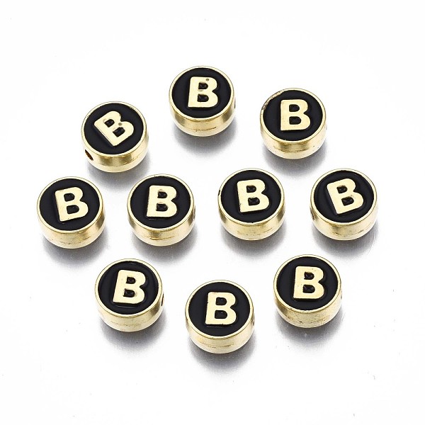 

PandaHall Alloy Enamel Beads, Cadmium Free & Lead Free, Light Gold, Flat Round with Alphabet, Black, Letter.B, 8x4mm, Hole: 1.5mm...