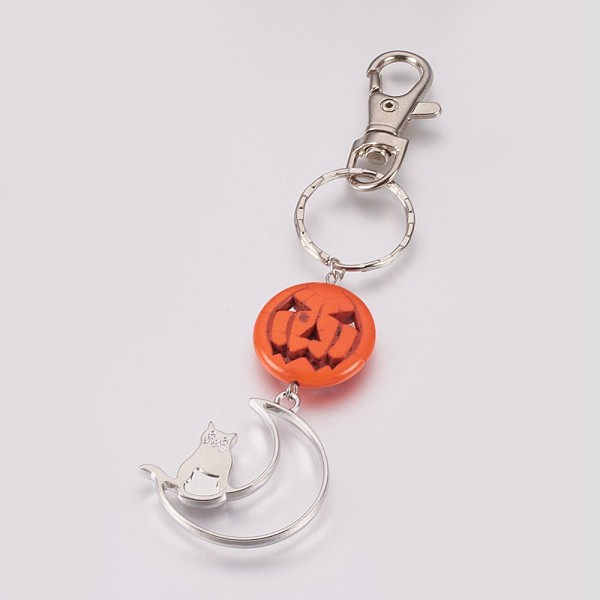 

PandaHall Halloween Theme Alloy Kitten Keychain, with Synthetic Turquoise Beads and Iron Ring, Pumpkin Jack-O'-Lantern and Crescent Moon..., Orange