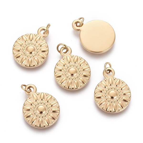 

PandaHall Ion Plating(IP) 304 Stainless Steel Pendants, with Jump Ring, Flat Round with Sun, Golden, 16x12x2mm, Hole: 2.8mm 304 Stainless...