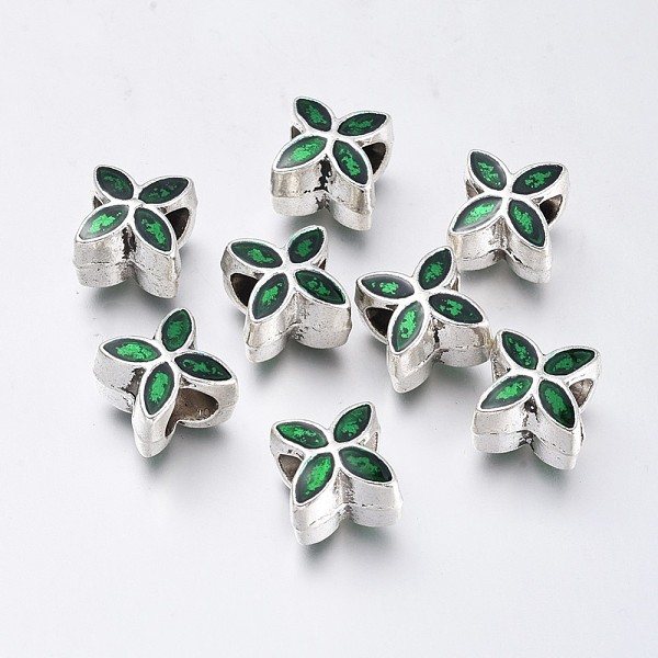 

PandaHall Alloy Enamel European Beads, Large Hole Flower Beads, Antique Silver, Green, 10x10x8mm, Hole: 5mm Alloy+Enamel Flower Green