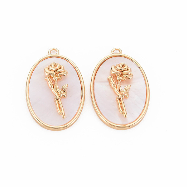 

PandaHall Brass Birth Floral Pendants, Oval with Flower Mother of Pearl White Shell Charms, Nickel Free, Real 18K Gold Plated, June Rose...