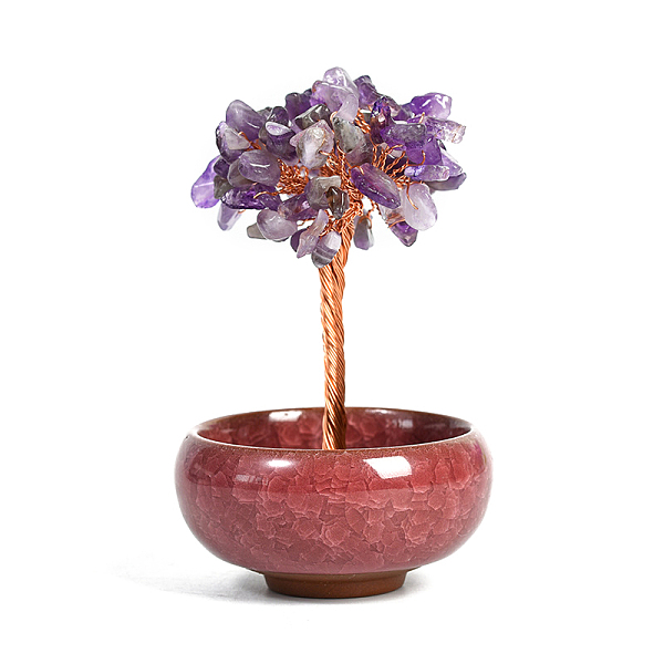 

PandaHall Undyed Natural Amethyst Chips Tree of Life Display Decorations, with Random Color Porcelain Bowls, Copper Wire Wrapped Feng Shui...