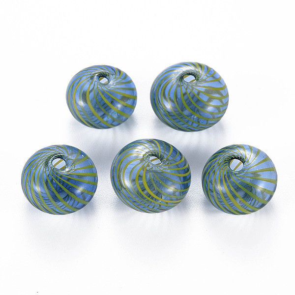

PandaHall Transparent Handmade Blown Glass Globe Beads, Stripe Pattern, Flat Round, Cornflower Blue, 15.5~17.5x10~12mm, Hole: 1~2mm Glass...