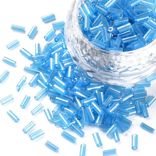 

PandaHall Transparent Colours Luster Glass Bugle Beads, Round Hole, Deep Sky Blue, 3~8x2mm, Hole: 0.7mm, about 450g/pound Glass