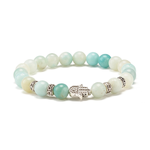 

PandaHall Round Natural Amazonite Beads Stretch Bracelet, Hamsa Hand /Hand of Miriam Alloy Bead Protection Lucky Bracelet for Girl Women...