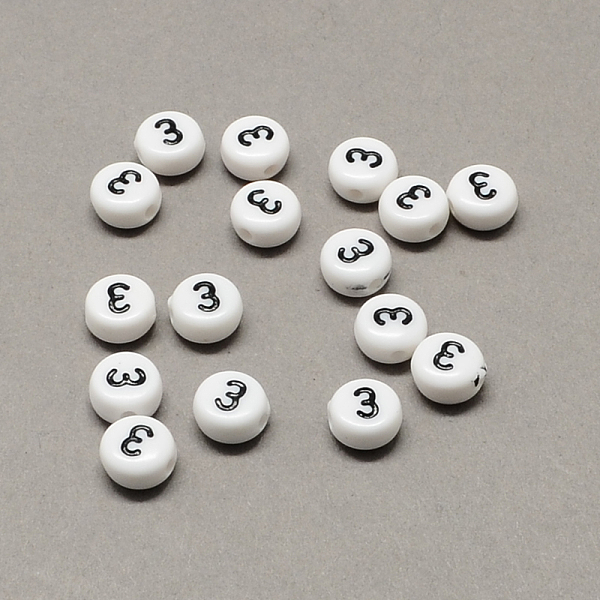 

PandaHall White and Black Acrylic , Flat Round with Num.3, 7x4mm, Hole: 1.3mm, about 3600pcs/500g Acrylic Number Black