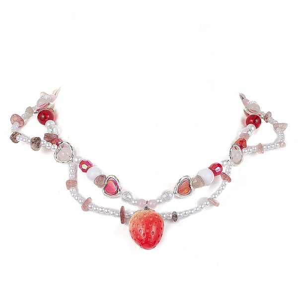 

PandaHall Resin Strawberry Pendant Necklace, with Natural Strawberry Quartz Chips & Alloy Heart & Acrylic Pearl Beaded Chains, Red, 17.32...