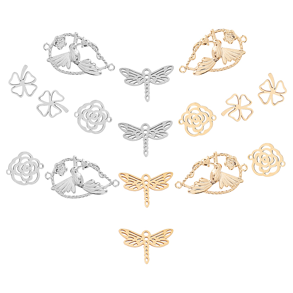 

PandaHall SUNNYCLUE 16Pcs 4 Style 201 Stainless Steel Filigree Joiners Links, Laser Cut, Dragonfly & Clovers & Teardrop & Flower, Golden &...