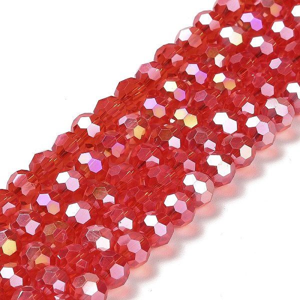 

PandaHall Transparent Glass Beads, 32 Facets, AB Color Plated, Round, Red, 8x7~7.5mm, Hole: 1.5mm, about 66pcs/strand, 18.82''~19.06''...