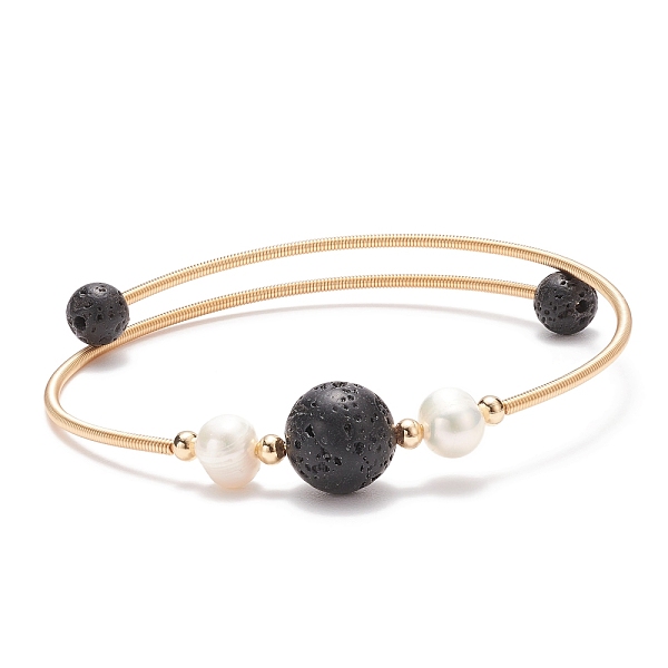 

PandaHall Natural Lava Rock & Pearl Round Beaded Bangle, Brass Torque Bangle for Women, Golden, Inner Diameter: 2-1/4 inch(5.6cm) Lava Rock