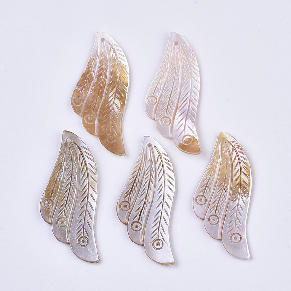 

PandaHall Freshwater Shell Big Pendants, Wing, 64.5~67x27.5x1.5~2.5mm, Hole: 2mm Freshwater Shell Wing Brown